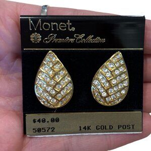 Vintage Monet Premier Collection Earrings 14kt Gold Post Crystal NWT